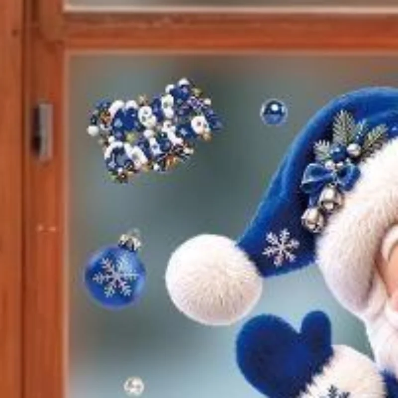 4Pcs Removable Blue Christmas-Themed Window Decals Featuring Cute Santa Claus, Snowman, And Gingerbread Man Home Decor