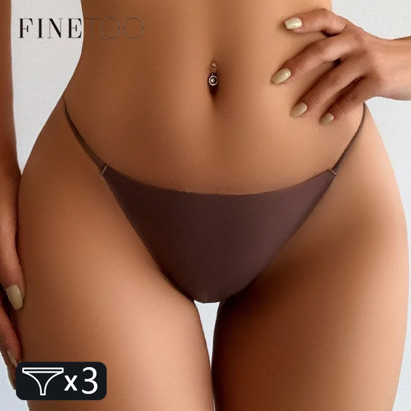 FINETOO 3PC Women Seamless Underpants Thongs Sexy Low Waist G-String Panties Female Solid Color Traceless Bikini T-back Lingerie