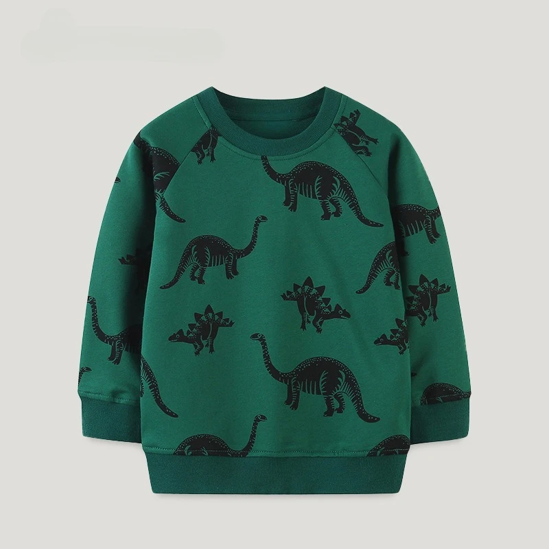 2-7T Little Boys Sweatshirts 100% Cotton Pullover Tops Hoodies Cartoon Dinosaur Full Print Raglan Sleeve Casual Kids Clothes