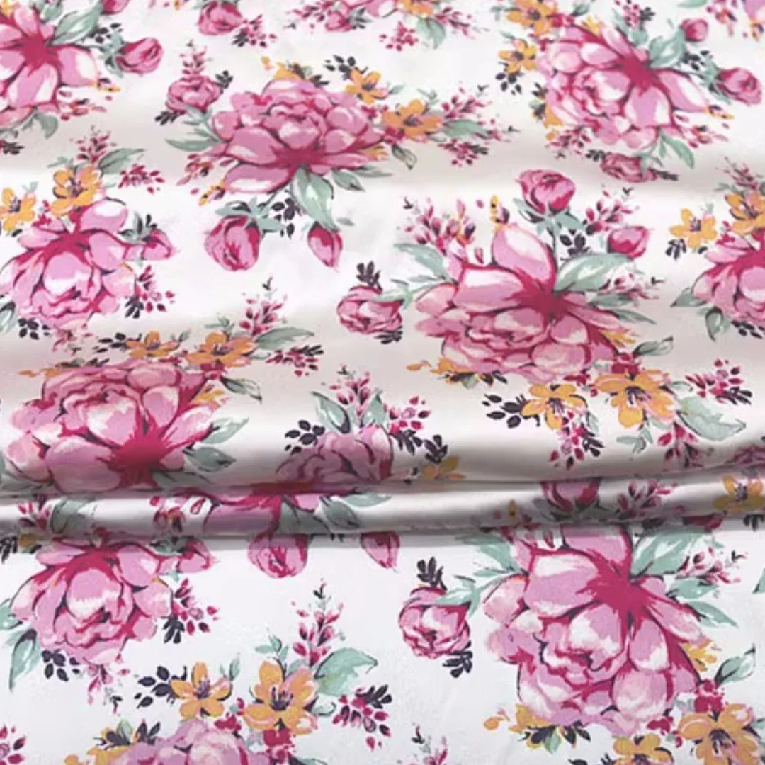 

1 meter 95% Mulberry Silk 5% Spandex 19 momme Charmeuse Silk Fabric Pink Floral Printed 108cm 42.5" wide by the yard XL058