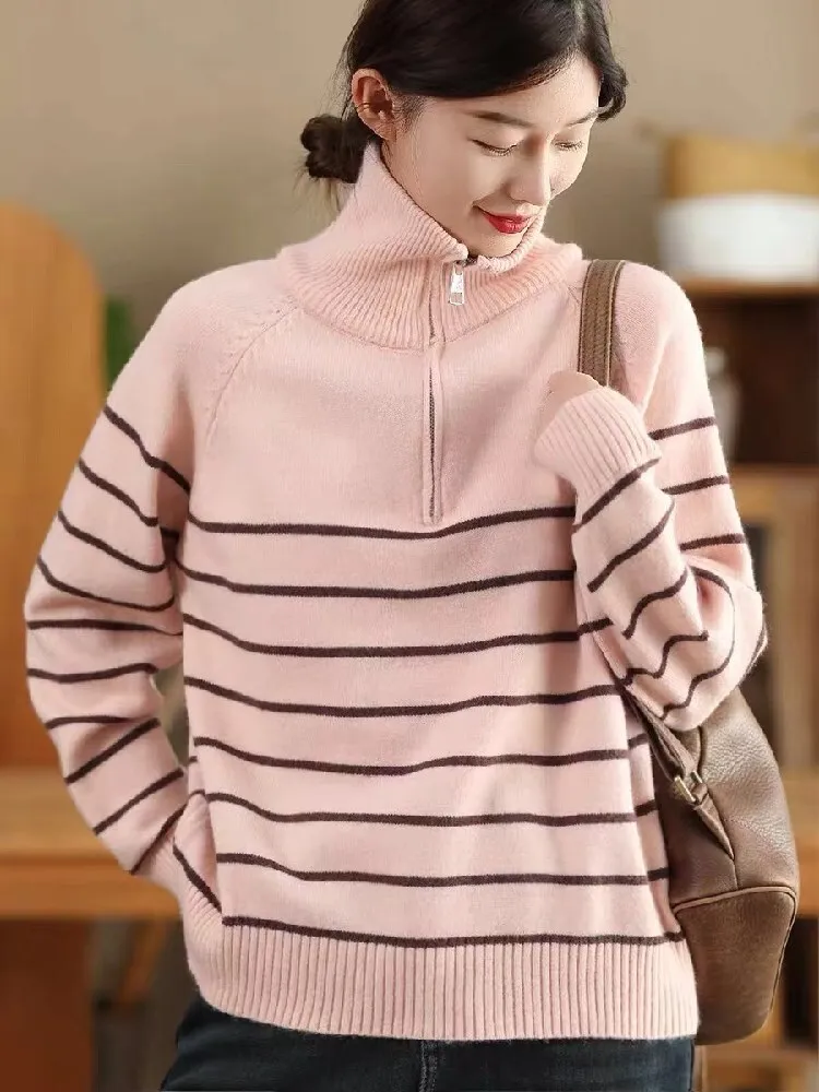 Max LuLu Turtleneck Striped Ladies Winter Classic Sweaters Luxury Loose Pullover Casual Vintage Elegant Cotton Harajuku Jumpers