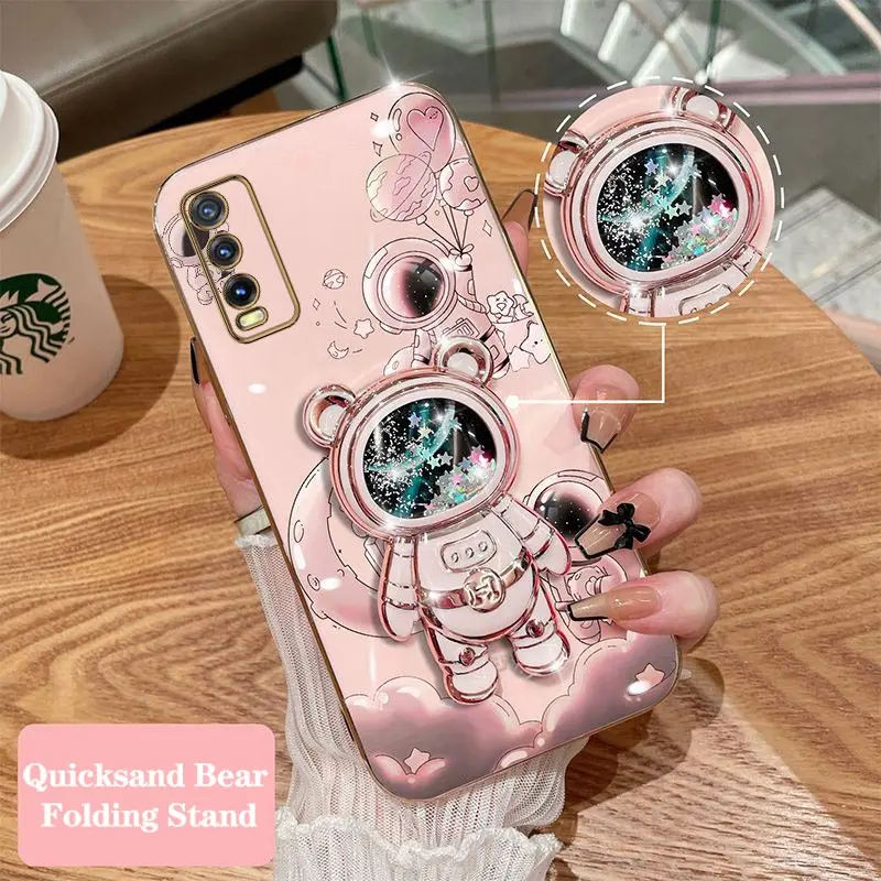 Quicksand Astronaut Plating Phone Holder Case For VIVO Y20 Y20i Y20S Y22 Y35 Y30 Y33T Y76 Y12S Y15 Y21 V23 V23E V21 Cover