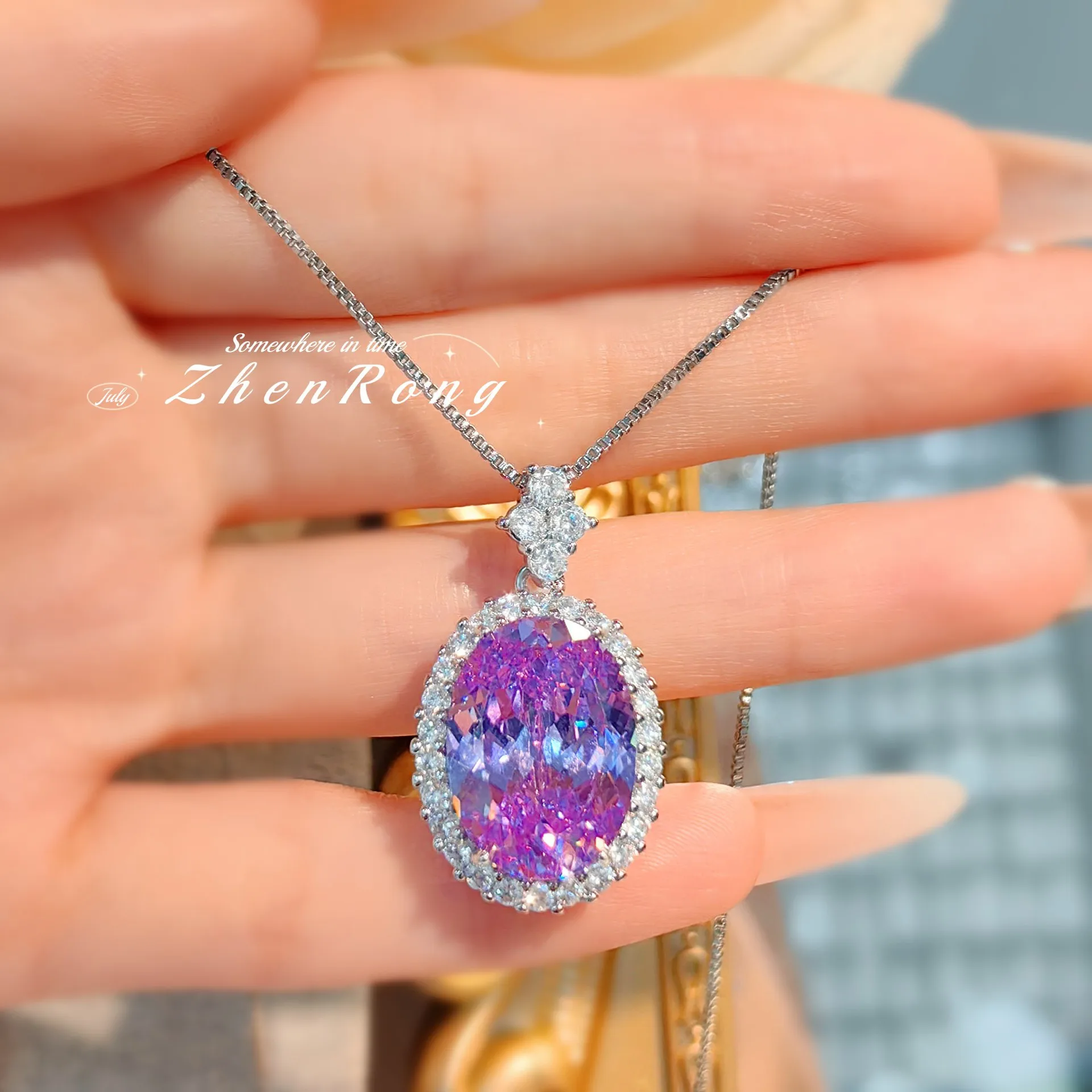 Foydjew Luxury Oval Ice Flower Cut Purple/Orange Cubic Zirconia Pendant Necklaces Earrings Rings Wedding Jewelry Sets For Women