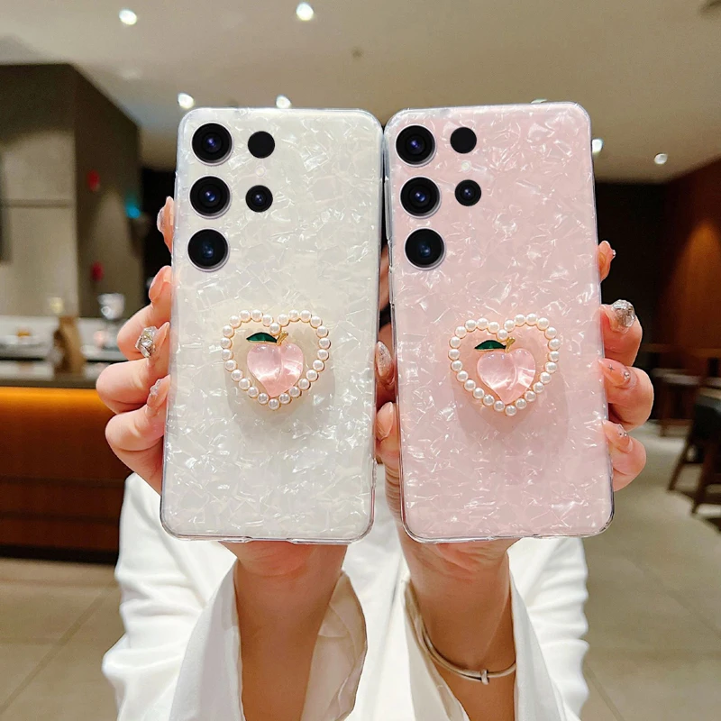 Girl Style Phone Case For Samsung Galaxy S23 S22 Plus S24 S25 Ultra S21 S20 FE silicone Honey Peach Diamond inlay Cover Cases