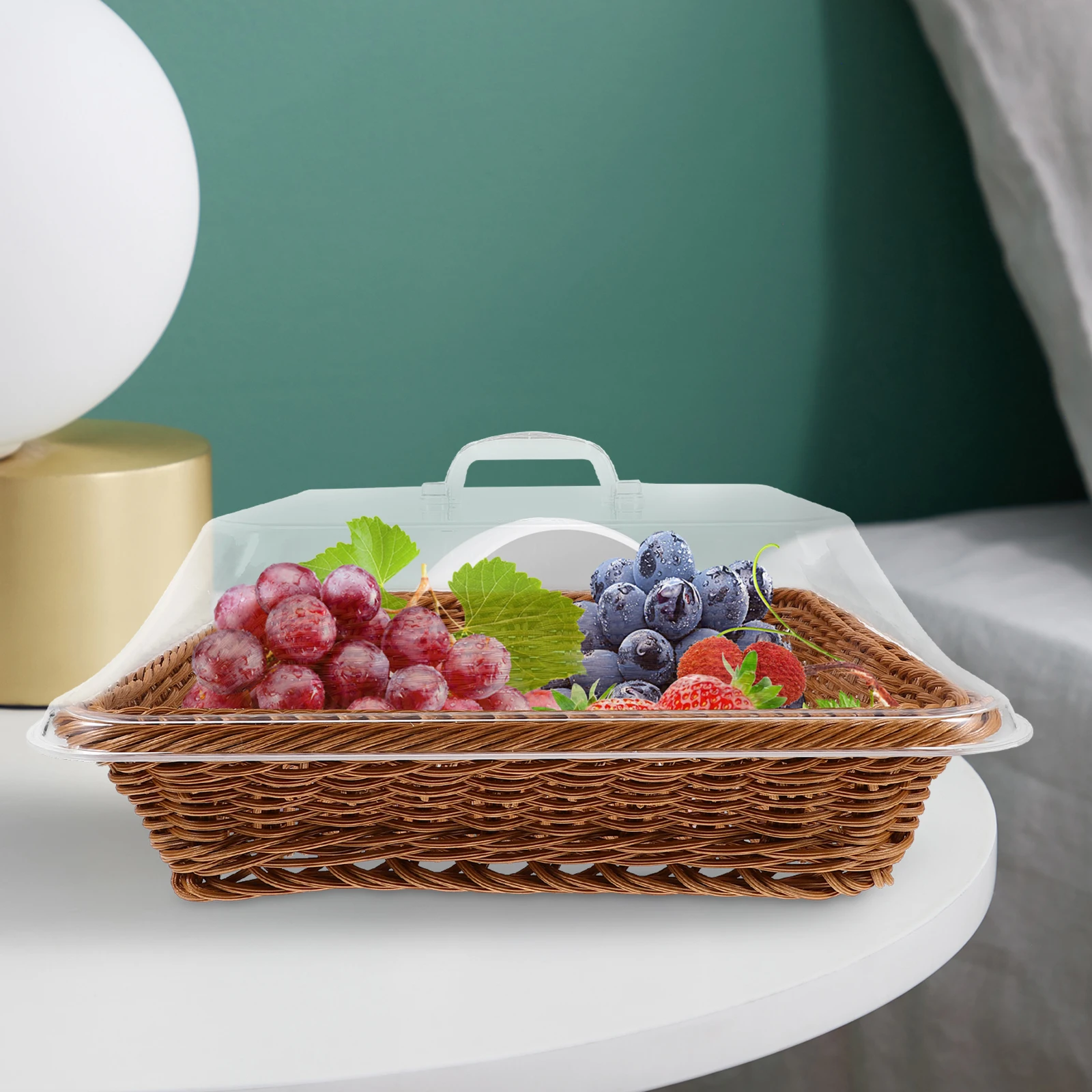 

Bread Basket Fresh Storage 36cm Transparent Lid Suitable Home Bakery Food Tray Woven Preservation Container Kitchen Bar