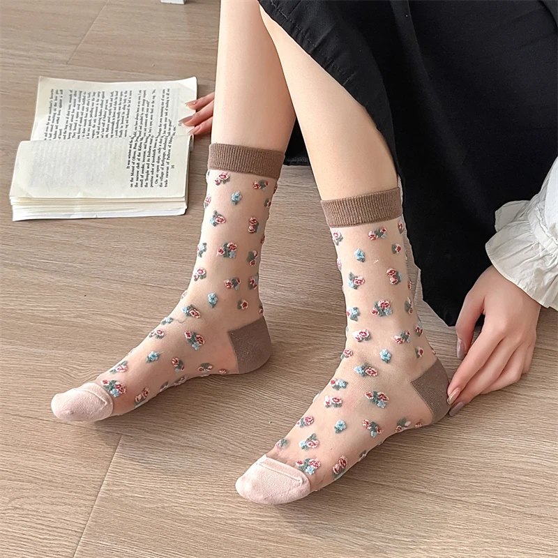 Fashion Woman Socks Retro Girls Summer New Thin Flower Socks Mixed-color Sweet Long Casual Transparent Socks Cute Spring Comfort