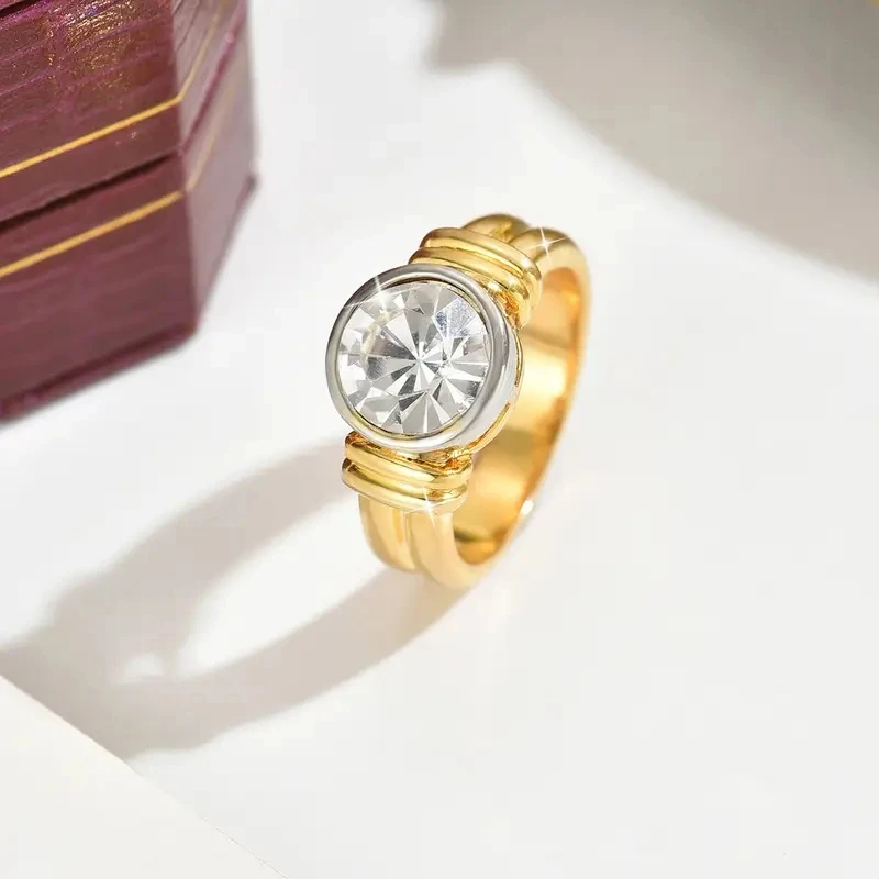 Simple Two-color electroplating Inlay Round Shape Rhinestone Rings For Women Party Accessories Fashion Gifts Custom Jewelry