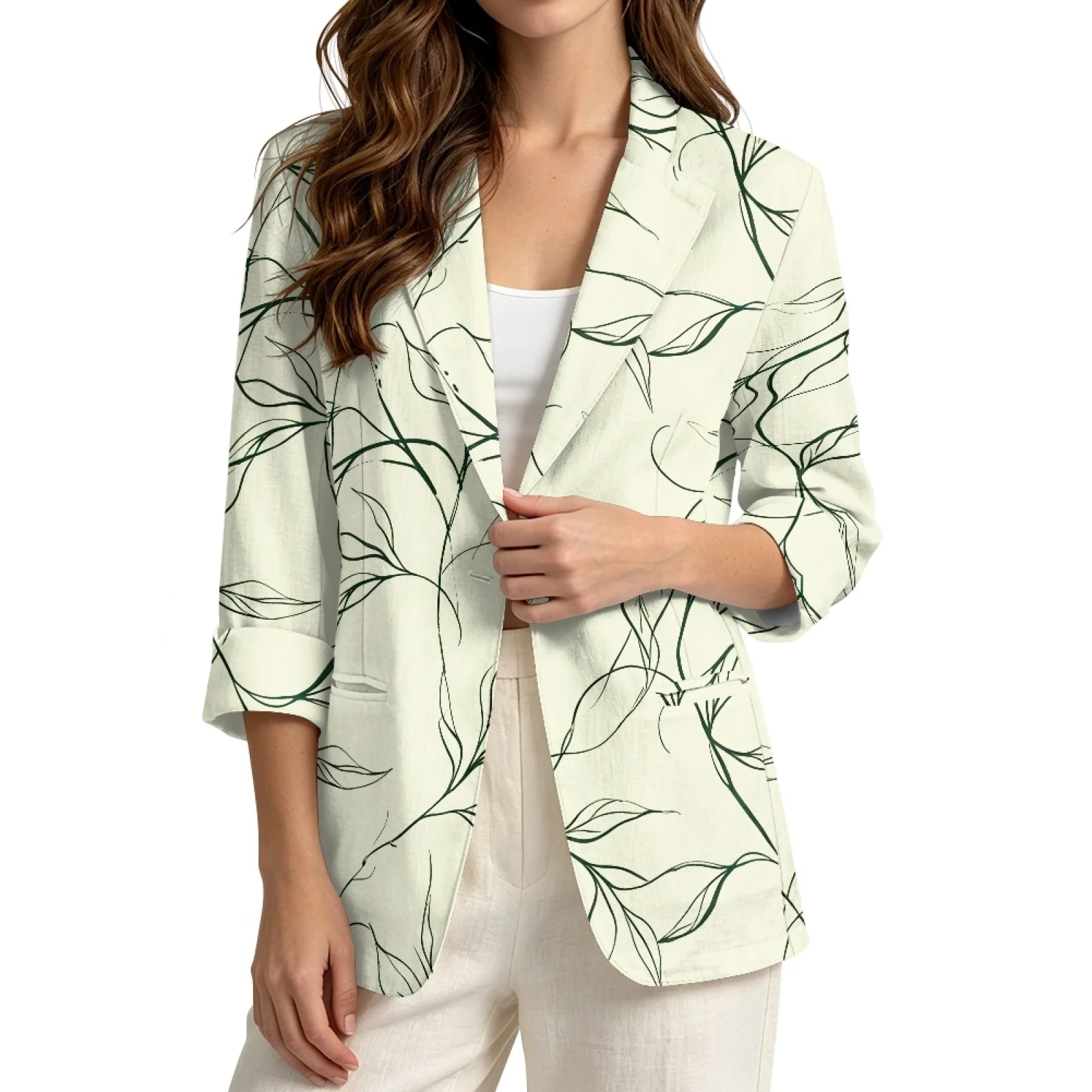 PENSTROLL Line Art Leaves Linen Like Open Front Cardigan for Resort with Pockets Beach Coverups Outerwear Cover Up
