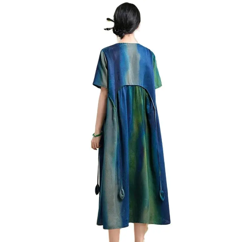 BirdTree 100%Mulberry Silk Retro Dresses, Women's XiangYunSha Tie Dye, Elegant Loose Large Mom Dress, 2024 Summer New D44434QM