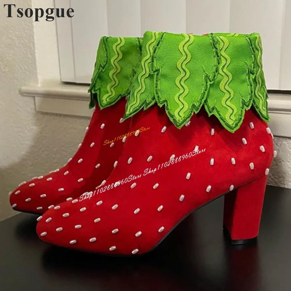 Stylish Red And Green Strawberry Ankle Boots Thick Heel Women Shoes Side Zipper Round Toe 2024 Fashionable Zapatos Para Mujere