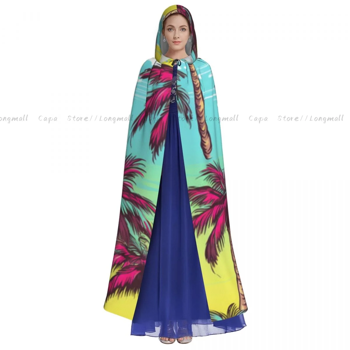 Palm Trees And Clouds Illustration Cloak Hooded Cosplay Costume Halloween Adult Long Party Cape