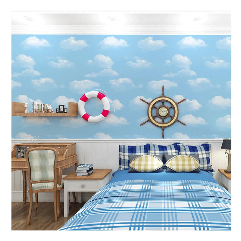 Imagem -02 - Papel de Parede Não Tecido para Quarto Infantil Céu Azul e Nuvem Branca Papel de Parede do Quarto Bebê Menino e Menina