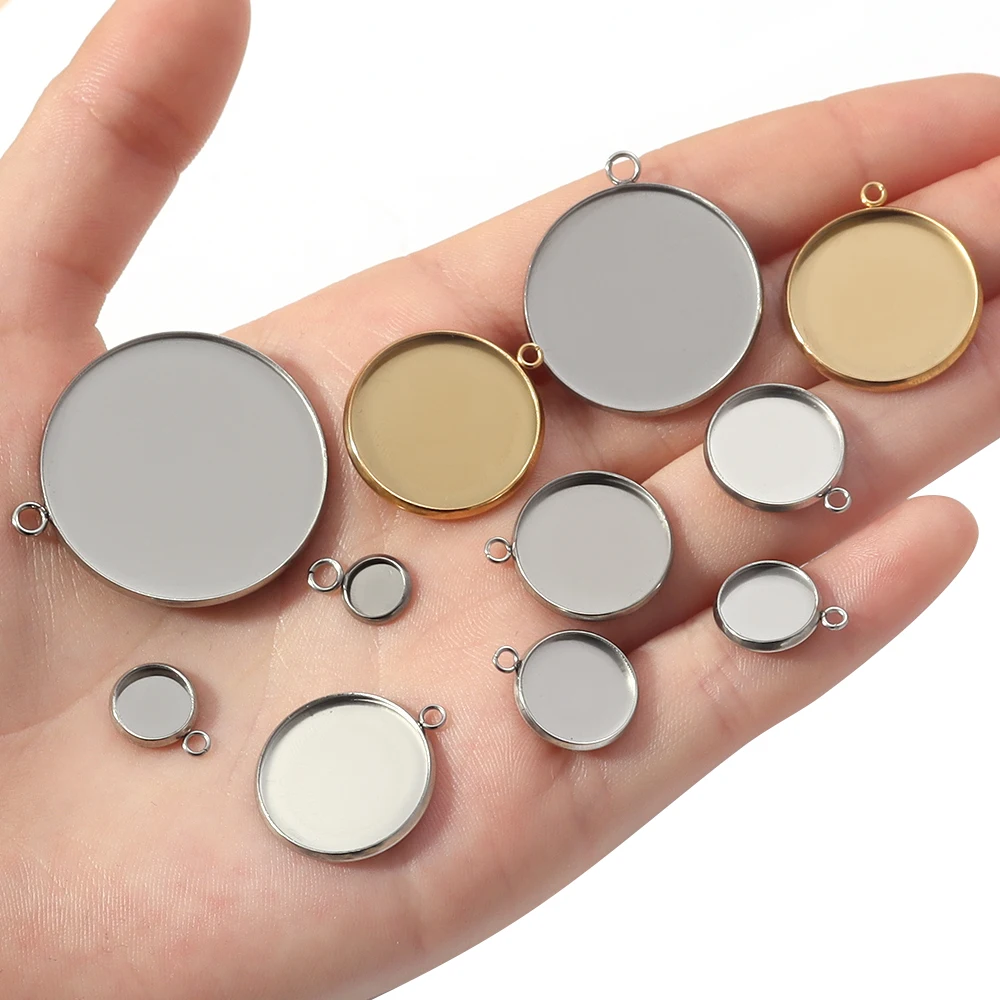 5pcs 6-30mm Stainless Steel Round Charms Pendants Blank Cabochon Base Setting Tray Bezel For DIY Jewelry Making Accessories