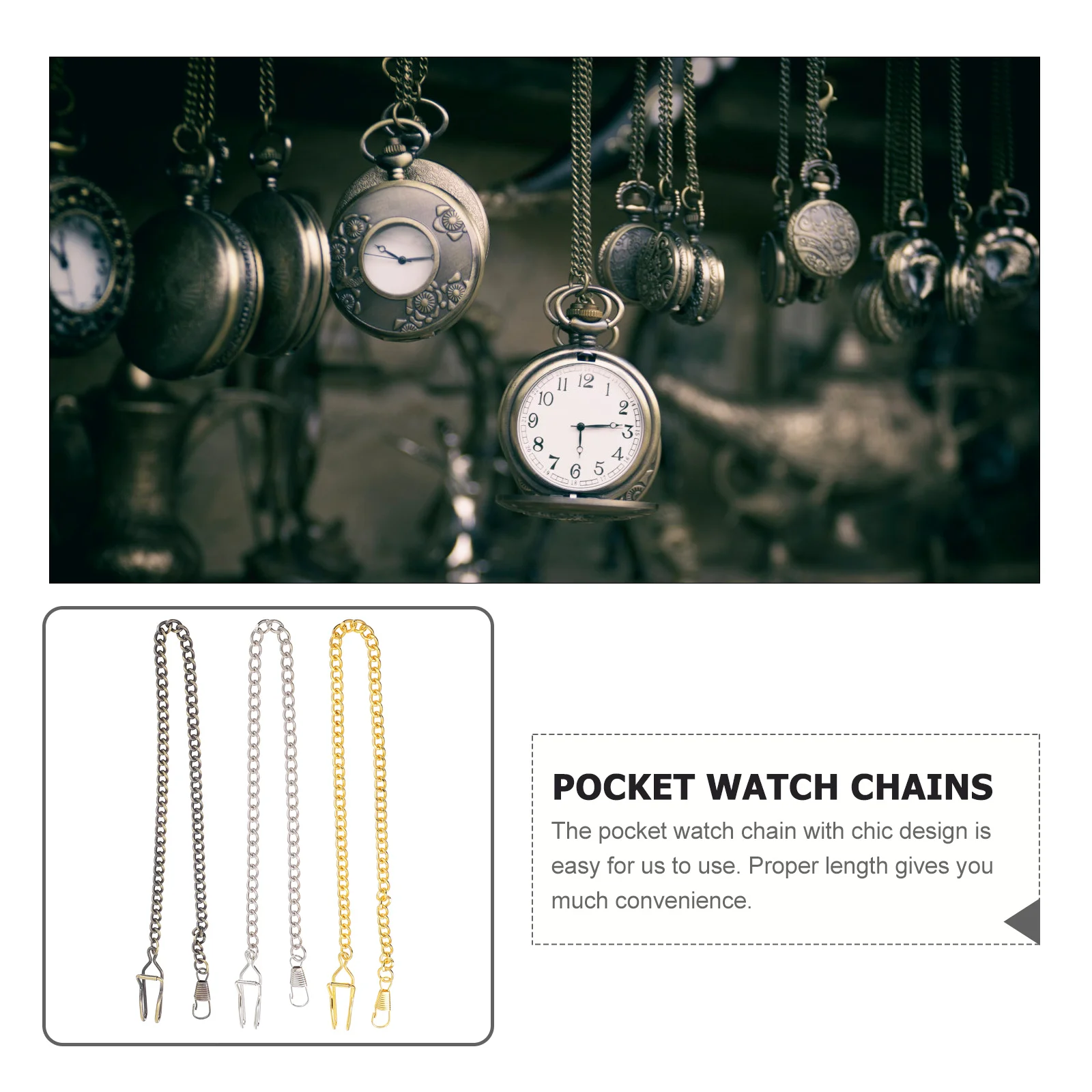 3 Pcs Pocket Watch Chains Silver Gold Bronze Metal Retro Necklace Making Supplies for Men Lightweight Portable