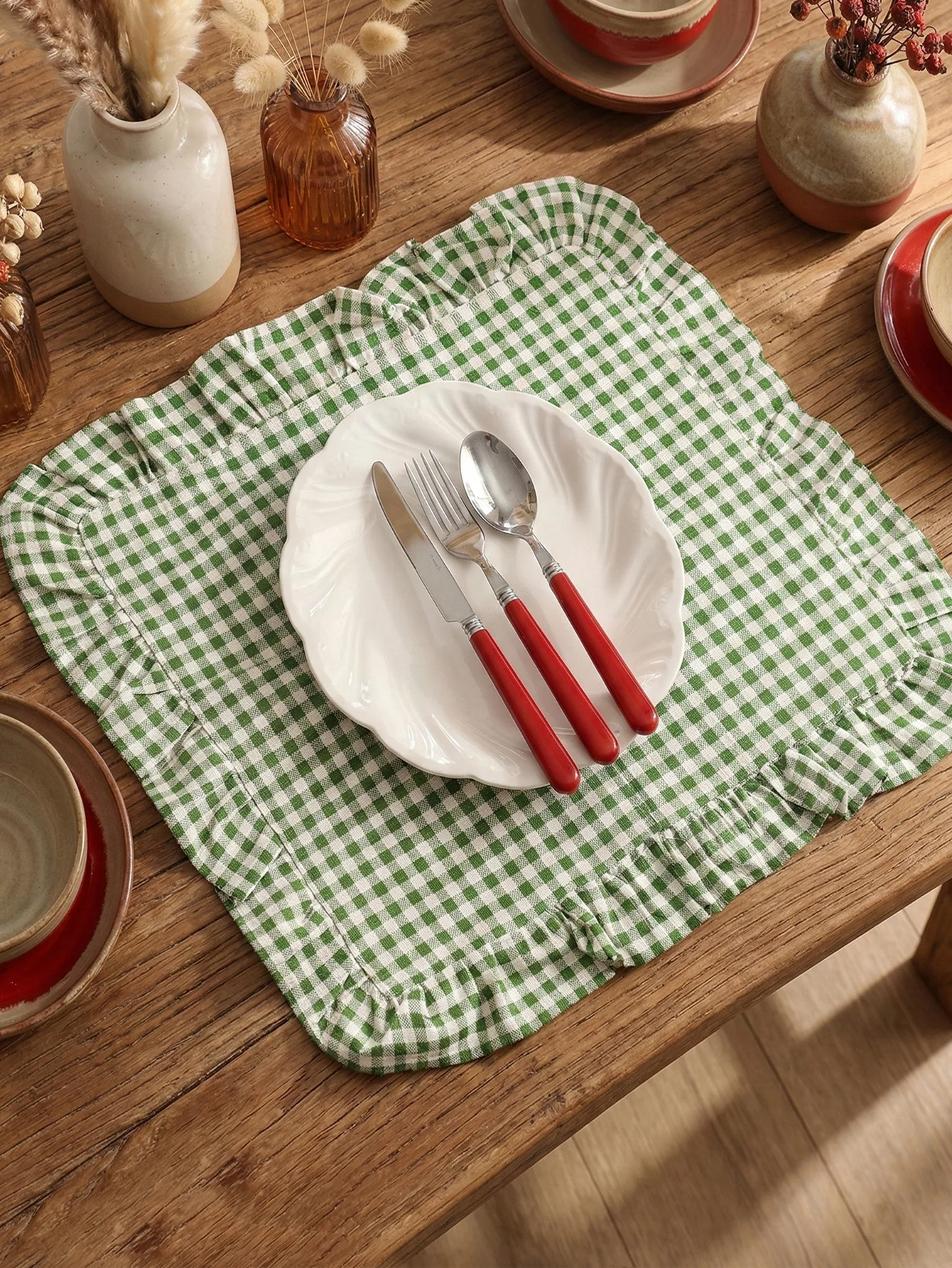 Set of 6 Square Green Gingham Placemats Green Grid Checkered Placemats with Ruffle Picnic Party Supplies Buffalo Plaid Table Mat - view 3