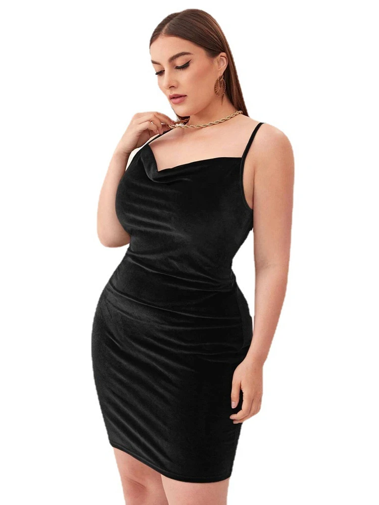 AOMEI Plus Size 3XL Women\'s 2024 New Elegant Bodycon Bag Hip Strap Off Shoulder Velvet Dress Party Wedding Mini Dresses