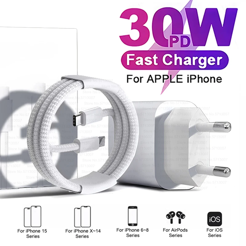 Voor Apple 30W Pd Snelle Oplader Voor Iphone 16 15 14 13 12 11 Pro Max Plus Usb C Oplader Type C Kabel Snel Opladen Telefoon Accessoires