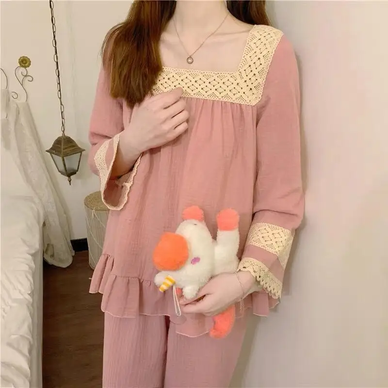 Moda Sexy, anuncios de primavera y otoño, nuevo modelo de pijamas para mujer, traje de ocio con escote cuadrado, ropa cómoda para el hogar, nuevo