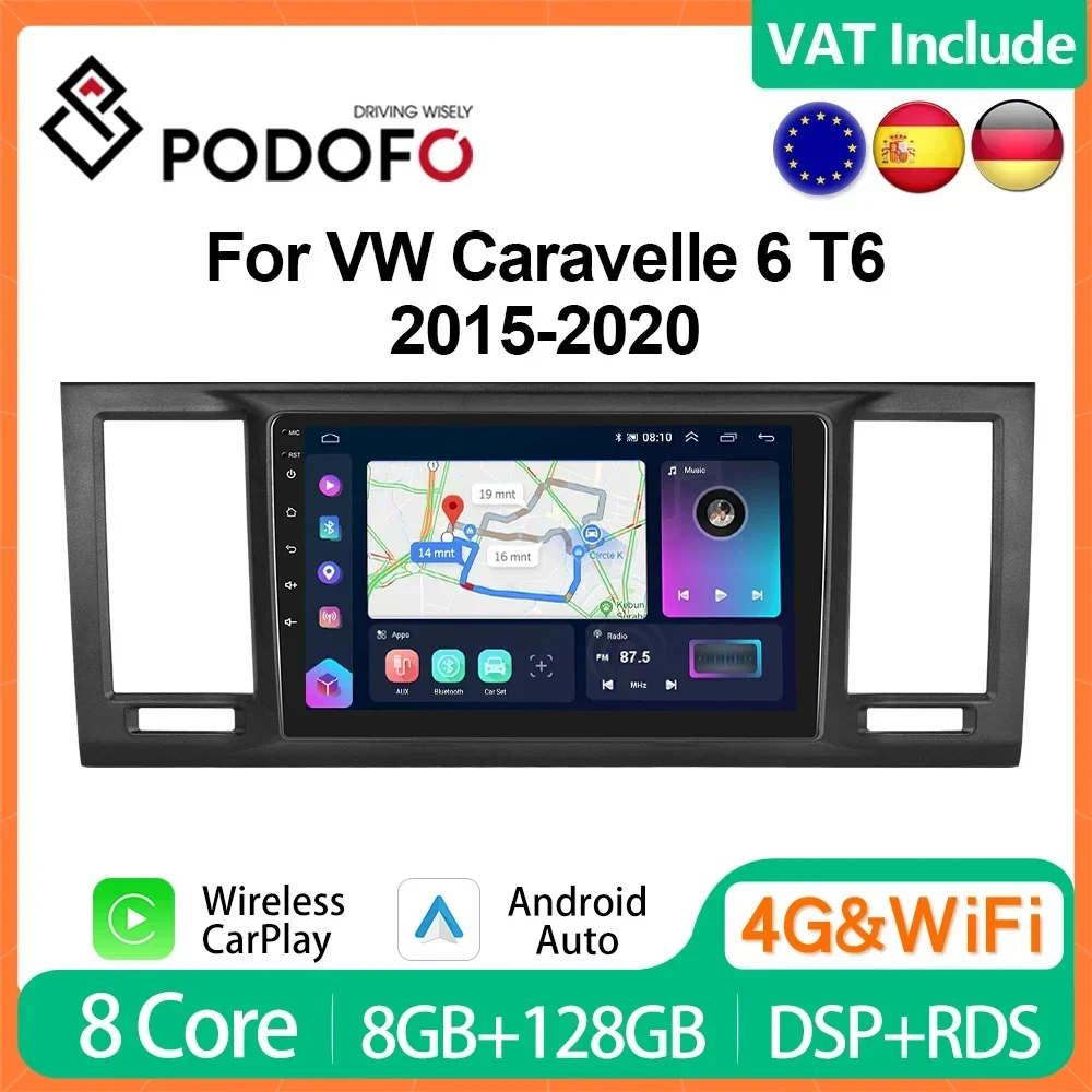 Podofo 4G CarPlay Android Radio For Volkswagen Caravelle T6 2015-2020 Car Multimedia Player 2din GPS Stereo Autoradio IPS Unit