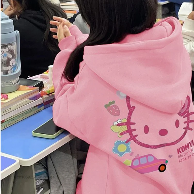 Sanrio Hello Kitty Hoodies Women Kawaii Oversize Zipper Letter Embroidery Sweatshirts Autumn Y2K Long Sleeve Hooded Jackets Tops