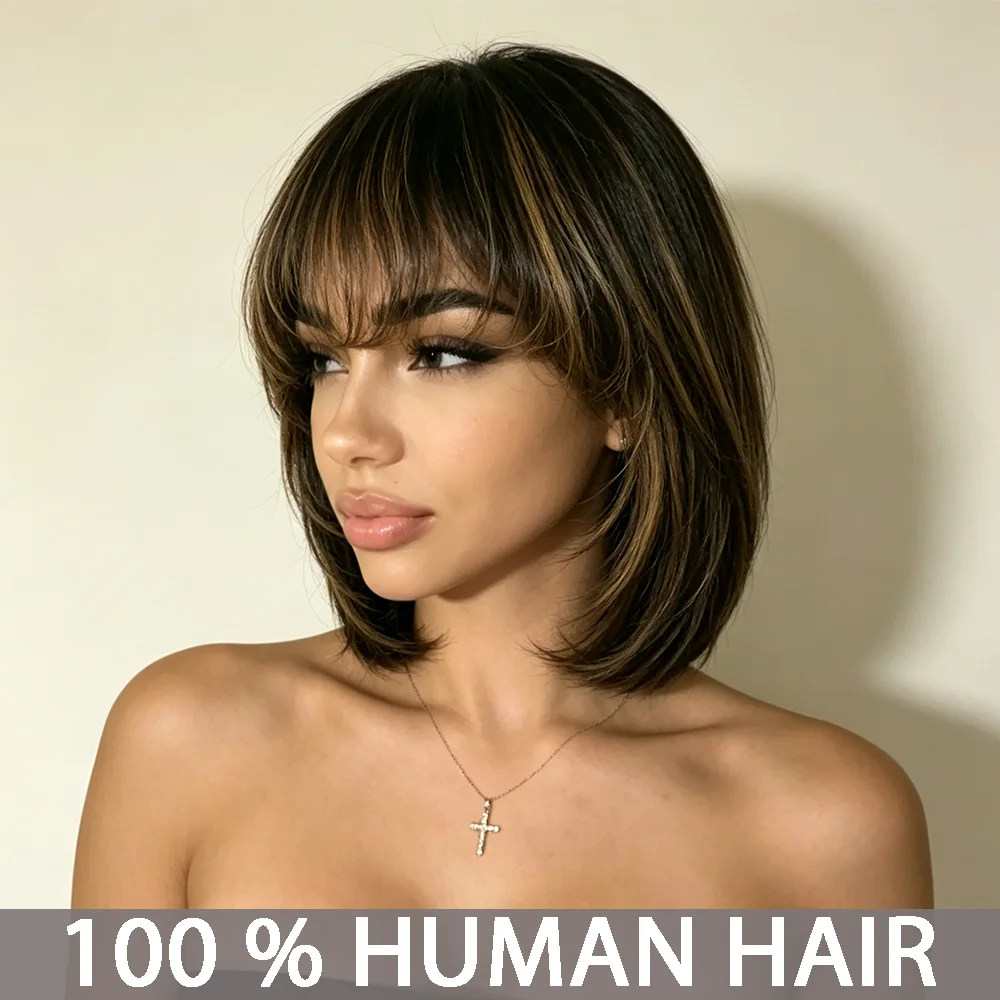 Machine Made Human Hair Wig Bob Wig Women's Short Hair Wig Straight Hair Wig With Bangs Fashionable Styling Suitable For Casual Attire And Holidays
