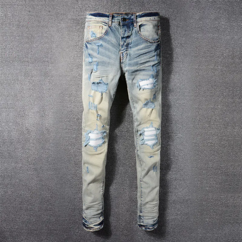 

Street fashion men's jeans retro elastic slim fit perforated patch trendy brand light blue tapered pants Y2K