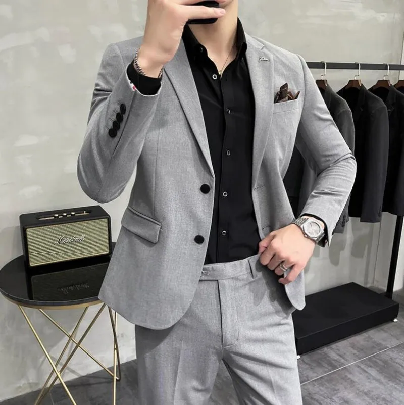 

( Jacket +Pants ) High-end Brand Boutique Fashion Solid Color Mens Casual Business Suit 2Piece Set Groom Wedding Dress