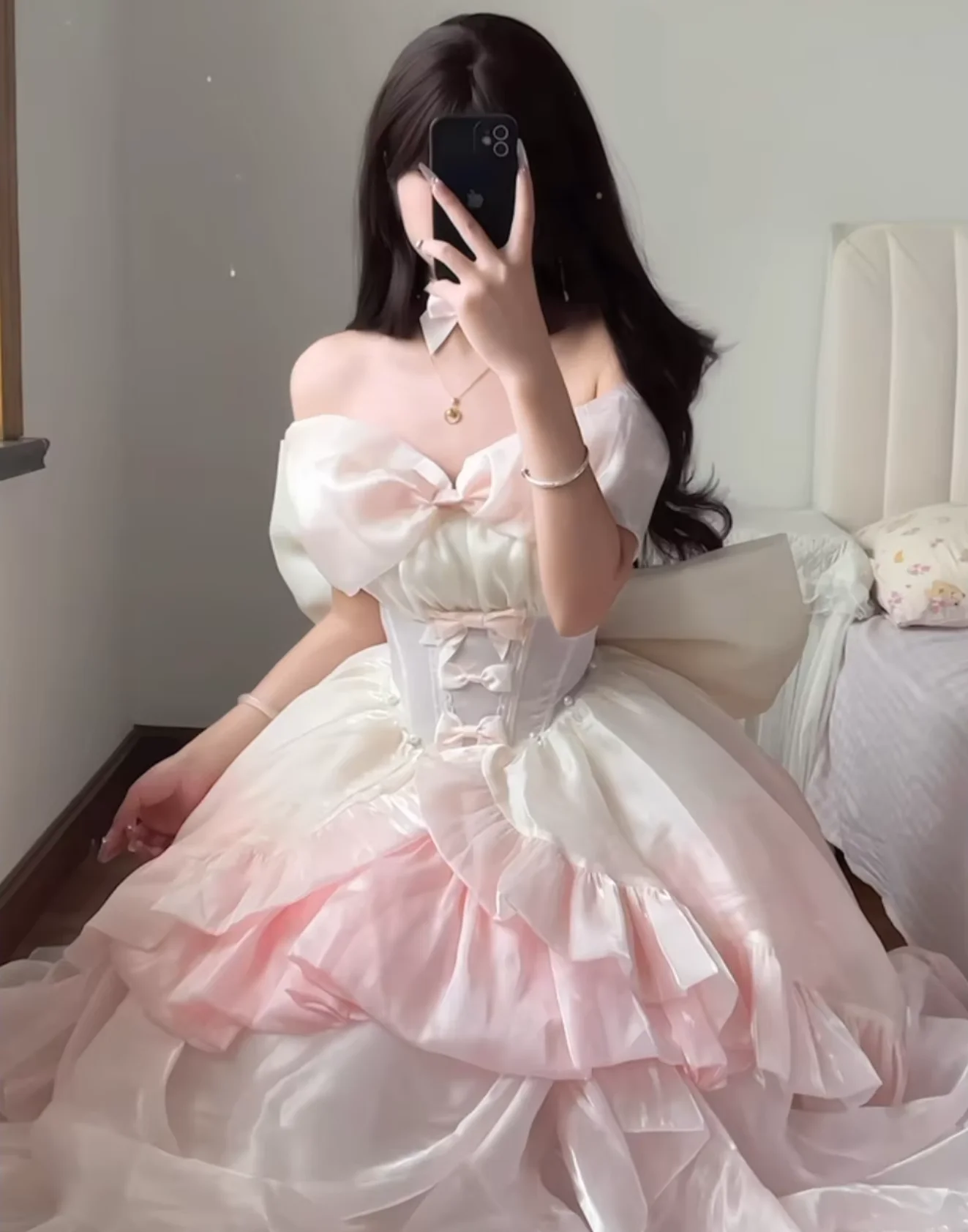 Original Sweet Princess Adult Ceremony Birthday Dress High Waist Sexy Off Shoulder Strapless Large Bow Trailing Women Puff Dress