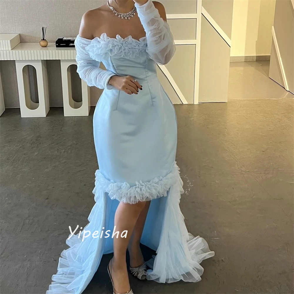 Jiayigong  Prom Formal Off The Shoulder A-line Tulle Pleat Floor-Length Satin Bespoke Occasion Dresses Evening