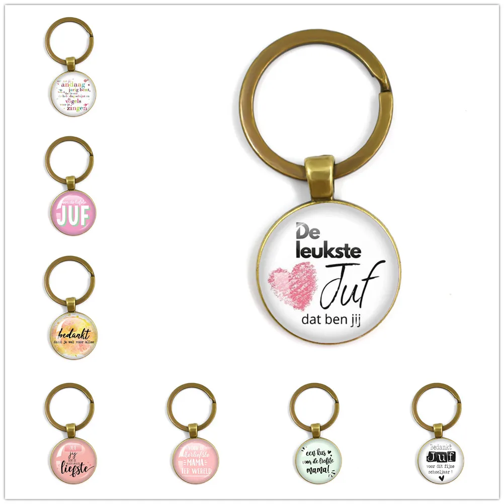 New VOOR DE Liefste Juf Sleutelhanger Keychain Anneau Porte Clef Bedankt Juf Cadeau Thank You Dear Teacher Glass Gift Jewelry