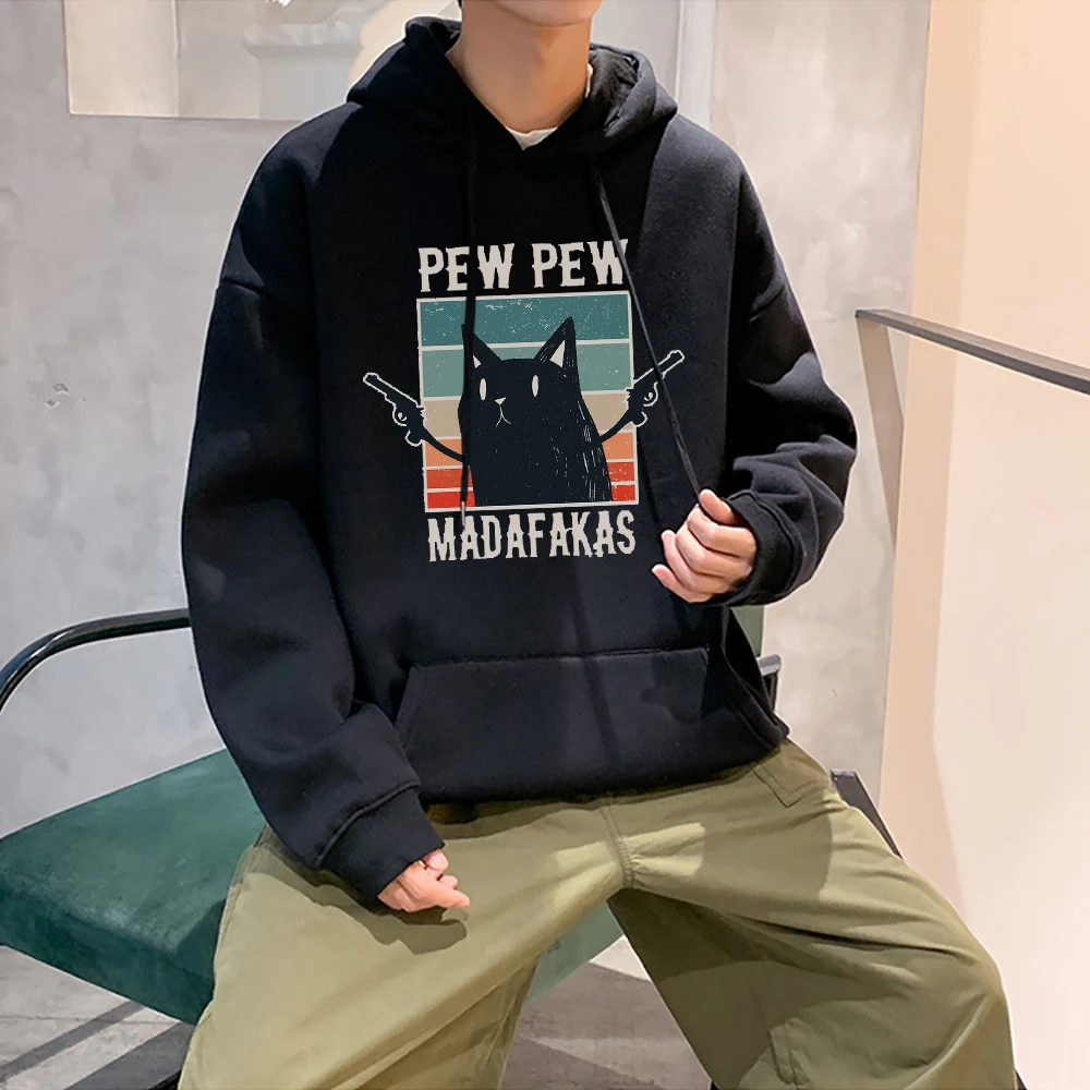 Men's Hoodies Pew Madafakas Printed Warm Thicken Clothes Lovely Anime Double Gun Cat Hoody New Pocket Crewneck Pullover Hoodies