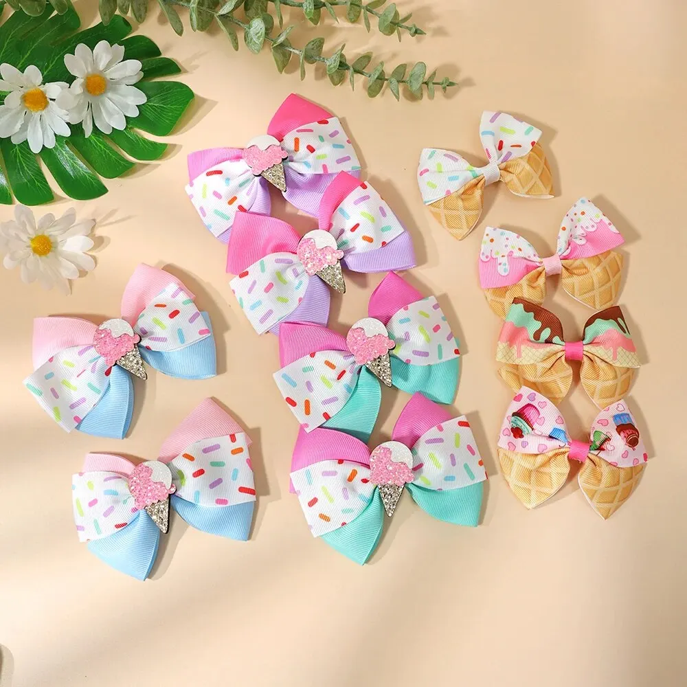 10PC of 5 Styles Cute Ice Cream Bow Hair Clips Grosgrain Ribbon Hair Clips for Girls Kids Hair Accessories Headwear Hair Pin