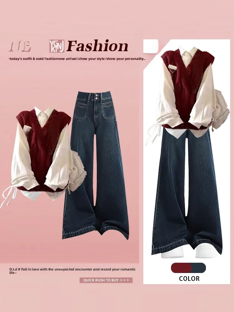 

Red Vest Sweater Women's Autumn Winter Three-piece Set New Year Fashion Casual Style Knitted Shirt Denim Pants for Adults