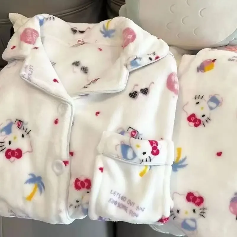 

Sanrioed Hello Kittys Printed Plush Pajamas Set Y2K Flannel Soft Home Wear Winter Coral Velvet Student Cartoon Home Clothes Suit