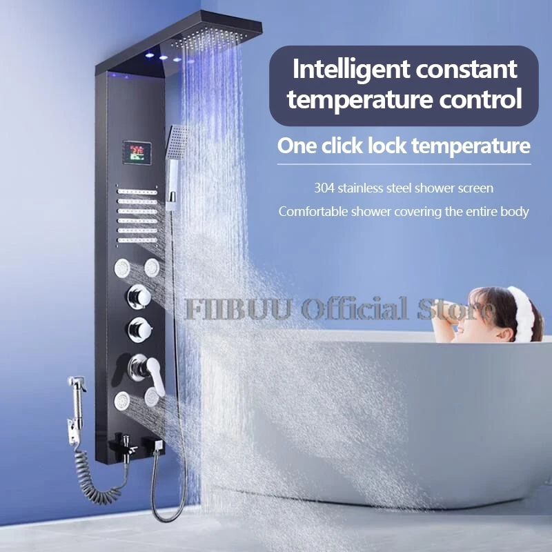 Smart System Shower Set For Bathroom With Pressurized Top Nozzle ShowerHead Digital Display Atmosphere Light Wall Mounted Shower