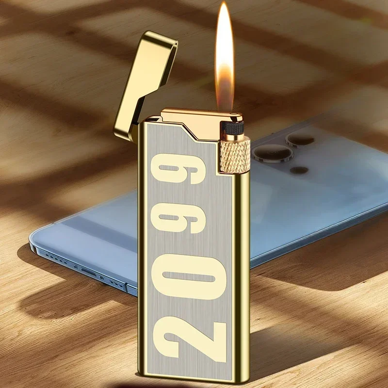 Новинка 2025, индивидуальная портативная металлическая тонкая колесная зажигалка, бутановая газовая зажигалка с открытым пламенем, мини-прикуриватель, гаджет, мужской подарок