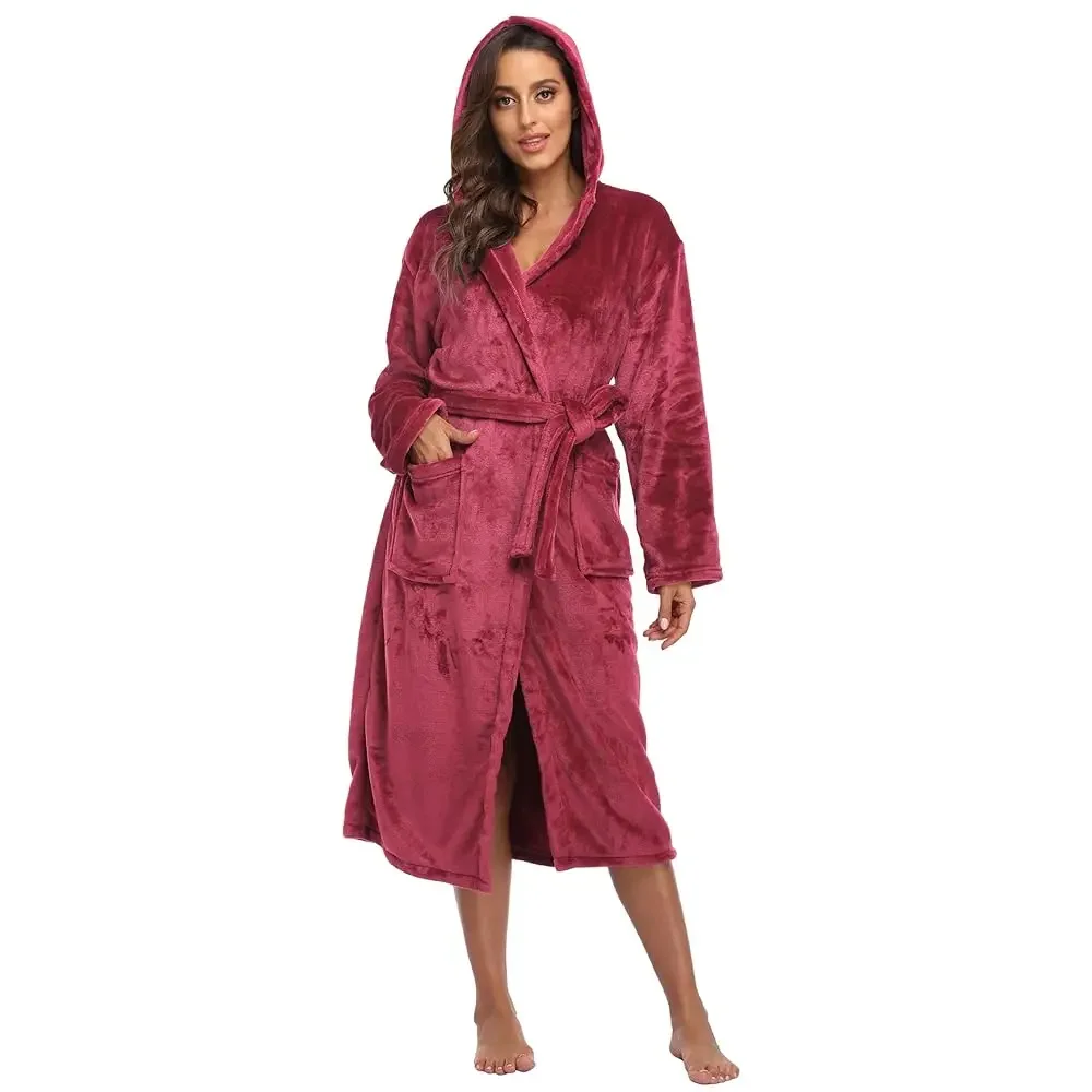 Women's Plush Hooded Bathrobe Winter Warm Robes Soft Fleece Long Robe Luxury Dressing Gown
