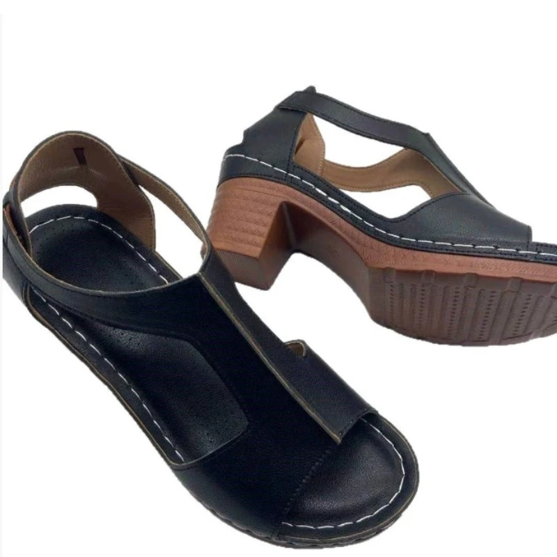 Summer Woman Sandals PU Buckle Strap Round head Shallow Comfy Soft Retro Thick heel Zapatos De Mujer Women Shoes Size 36-43