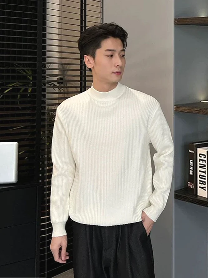 

Slim Fit Long Sve Knitted Sweater f High Collar Wool Core Yarn Men's Folded Texture Trendy Base irt Casual American S...