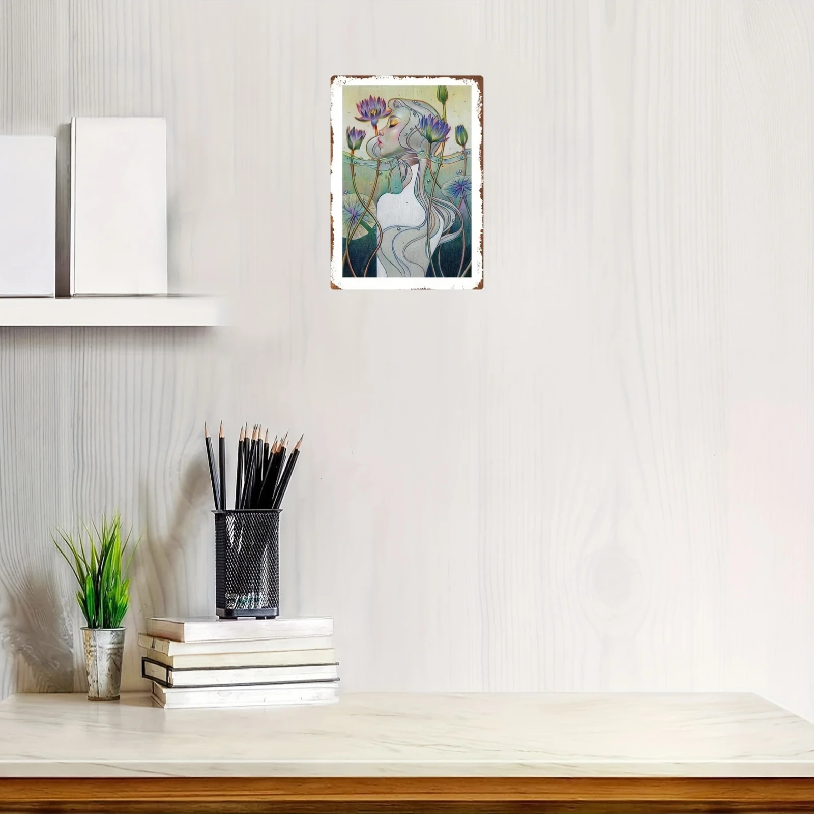 Room Decor Art Nouveau Floral Woman Illustration, Waterproof Wrought Iron Wall Art, 8x12 inches ,Hanging Artwork for Home Decor