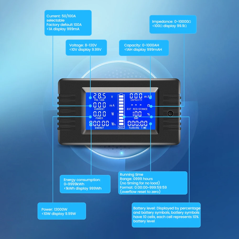 50A 100A DC8-120V cyfrowy wyświetlacz LCD woltomierz amperomierz moc licznik energii mocy 12V 24V 48V 72V 110V próbnik napięcia