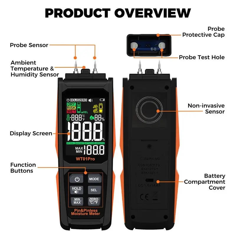 AB42-Humidity Tester 0-99.9% 2IN1 Moisture Meter Pinless& Pin For Timber Detector For Lumber Damp Detection In Concrete