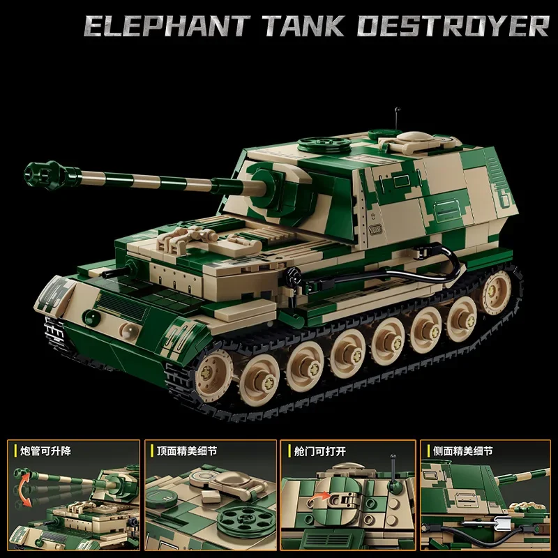 Military Classic Model Elephant Tank Destroyer Collection Ornament Building Blocks Bricks New Year Toys