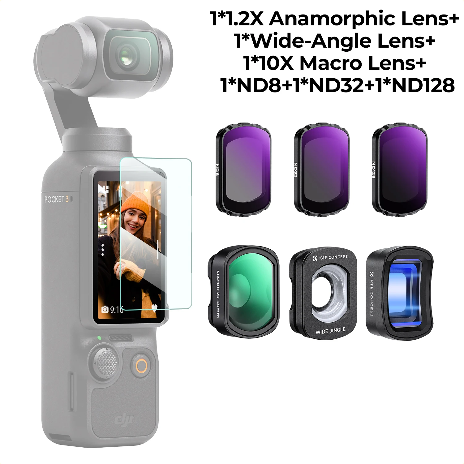 K&F CONCEPT Sport Effect Filter voor DJI Osmo Pocket 3 UV CPL ND ND/PL Black Mist 1/2 1/4 1/8 LPR Star 1.2X Groothoekfilterset