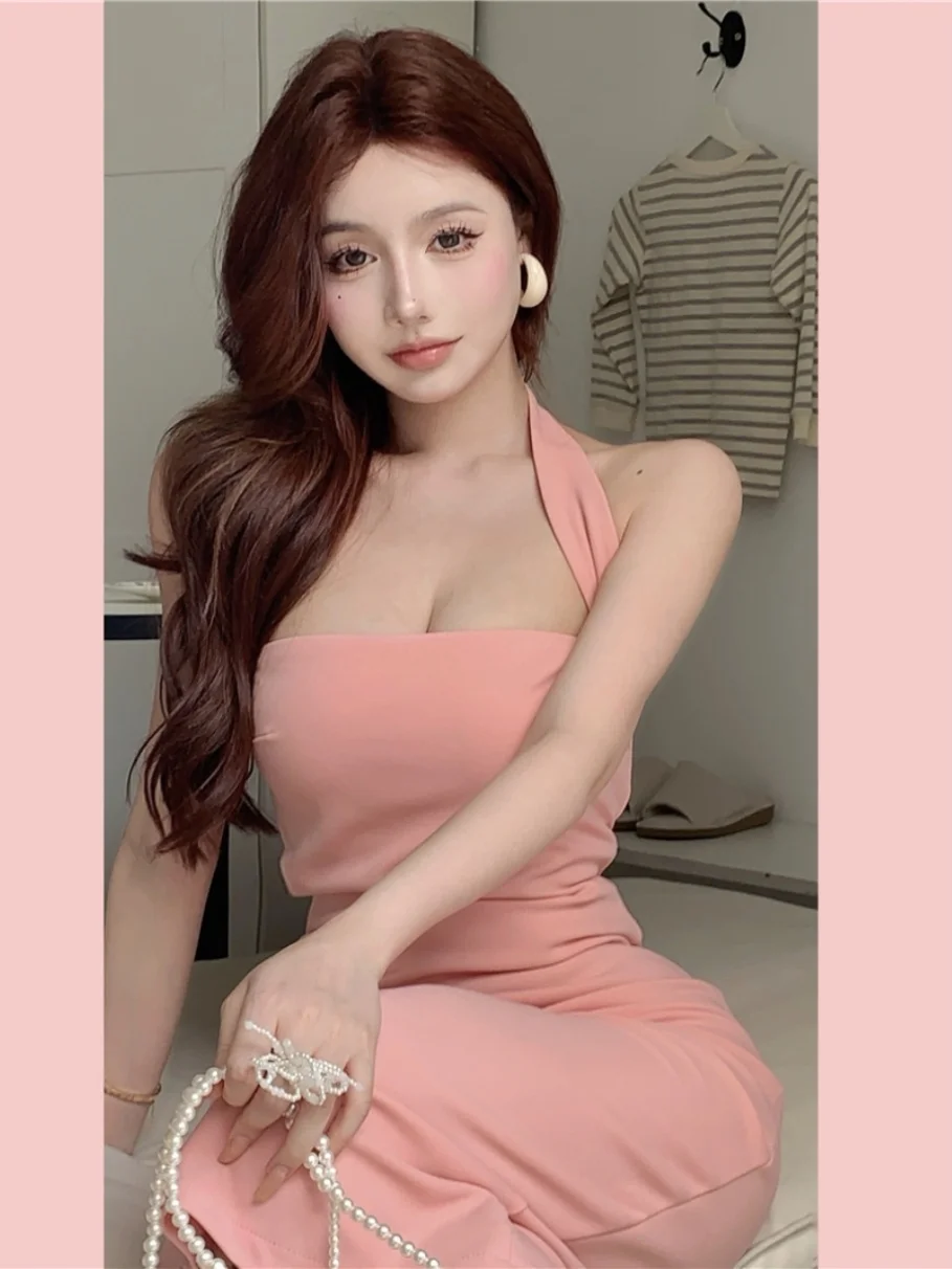 

Розовое женское платье-футляр с завязками на шее, летнее, корейский дизайн, с эффектом похудения, с завышенной талией, длиной до колена