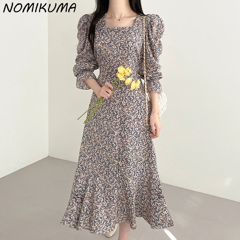 Nomikuma-Robe à fleurs vintage coréenne pour femme, col carré français, taille fine élégante, manches évasées, robe en queue de poisson fendue, automne