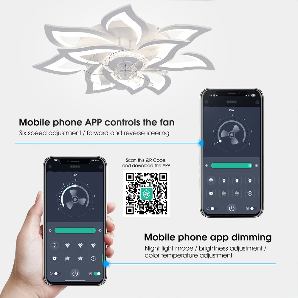 مروحة جيلينا الإبداعية على شكل زهور مروحة سقف ذكية حديثة مع تطبيق خفيف ومروحة مصباح سقف LED لغرفة النوم بجهاز تحكم عن بعد