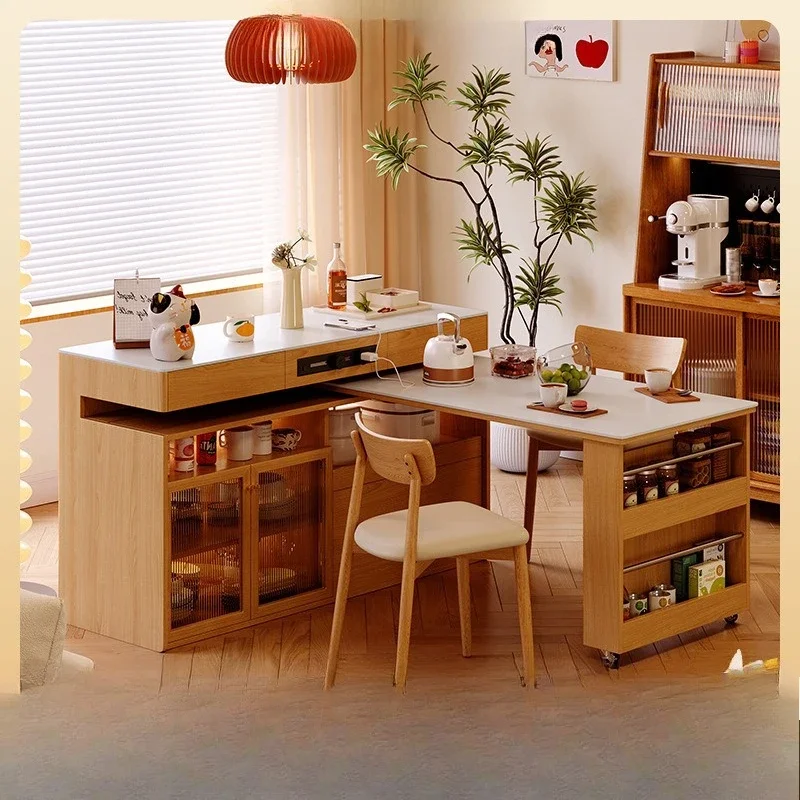 Esstisch aus massivem Holz, multifunktional, für kleine Wohnungen, ausziehbarer Esstisch, seitliche Bar, Esstisch aus Steinplatten