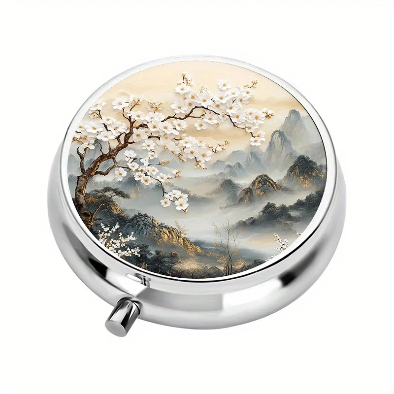 1 Medicine Box with 3 Compartments, Japanese-Style Cherry Blossom Landscape Design, Mini Medicine Box, Medication Storage Box, Decorative Metal Storage Box, Used for Storing Medicines and Vitamins