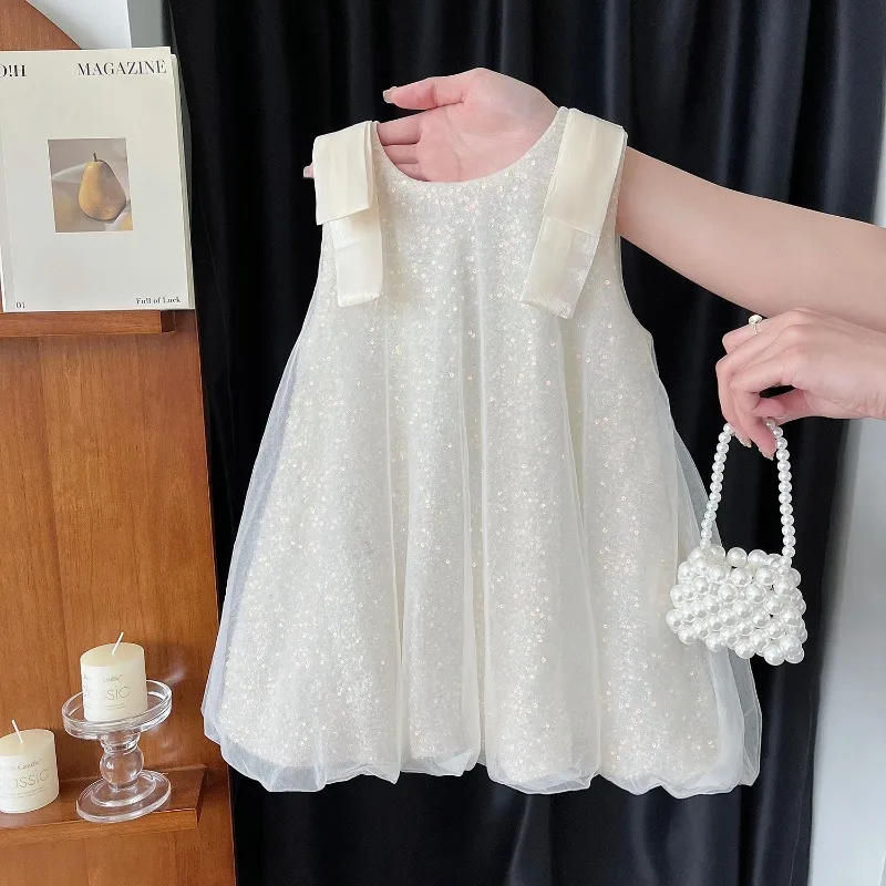 2026 Summer Kids Baby Girls Sequin Tulle Dress Sparkling Strap Bulingbuling Princess Dress, Birthday Party Dresses